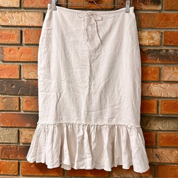 Vintage Linen Pale Pink Midi Skirt with Ruffle Hem + Adjustable Waist - Picture 3 of 6